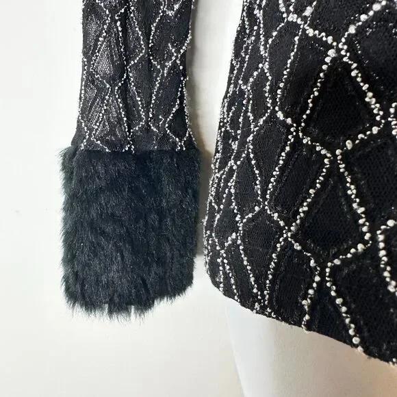 NESS Top Women L Black Silver Faux Fur Trimmed Turtleneck Sheer Regency Glam - Picture 3 of 8